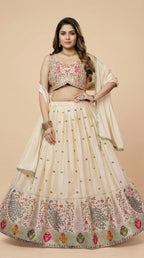 Cream Peacock Embroidered Festive Lehenga Choli Set