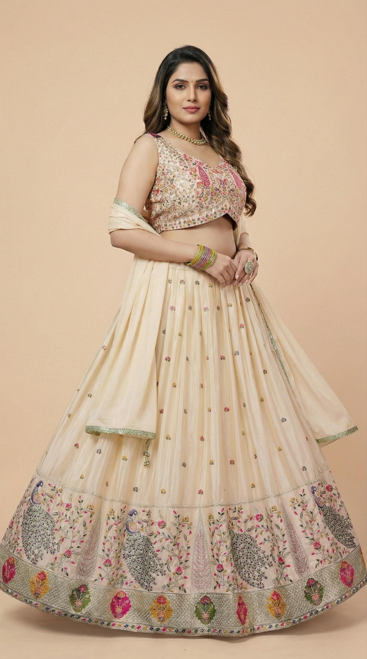 Cream Peacock Embroidered Festive Lehenga Choli Set