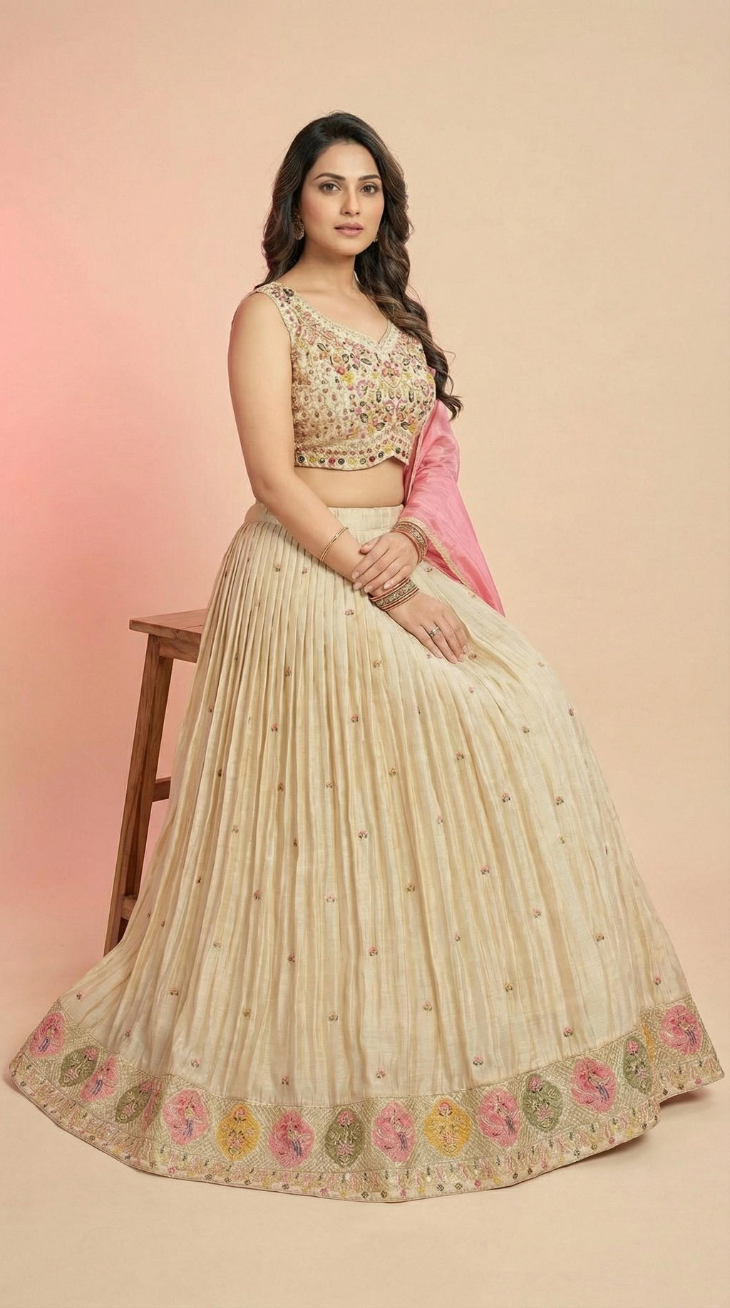 Cream Floral Embroidered Silk Lehenga Choli Set