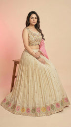 Cream Floral Embroidered Silk Lehenga Choli Set