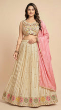 Cream Floral Embroidered Silk Lehenga Choli Set