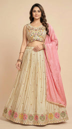 Cream Floral Embroidered Silk Lehenga Choli Set