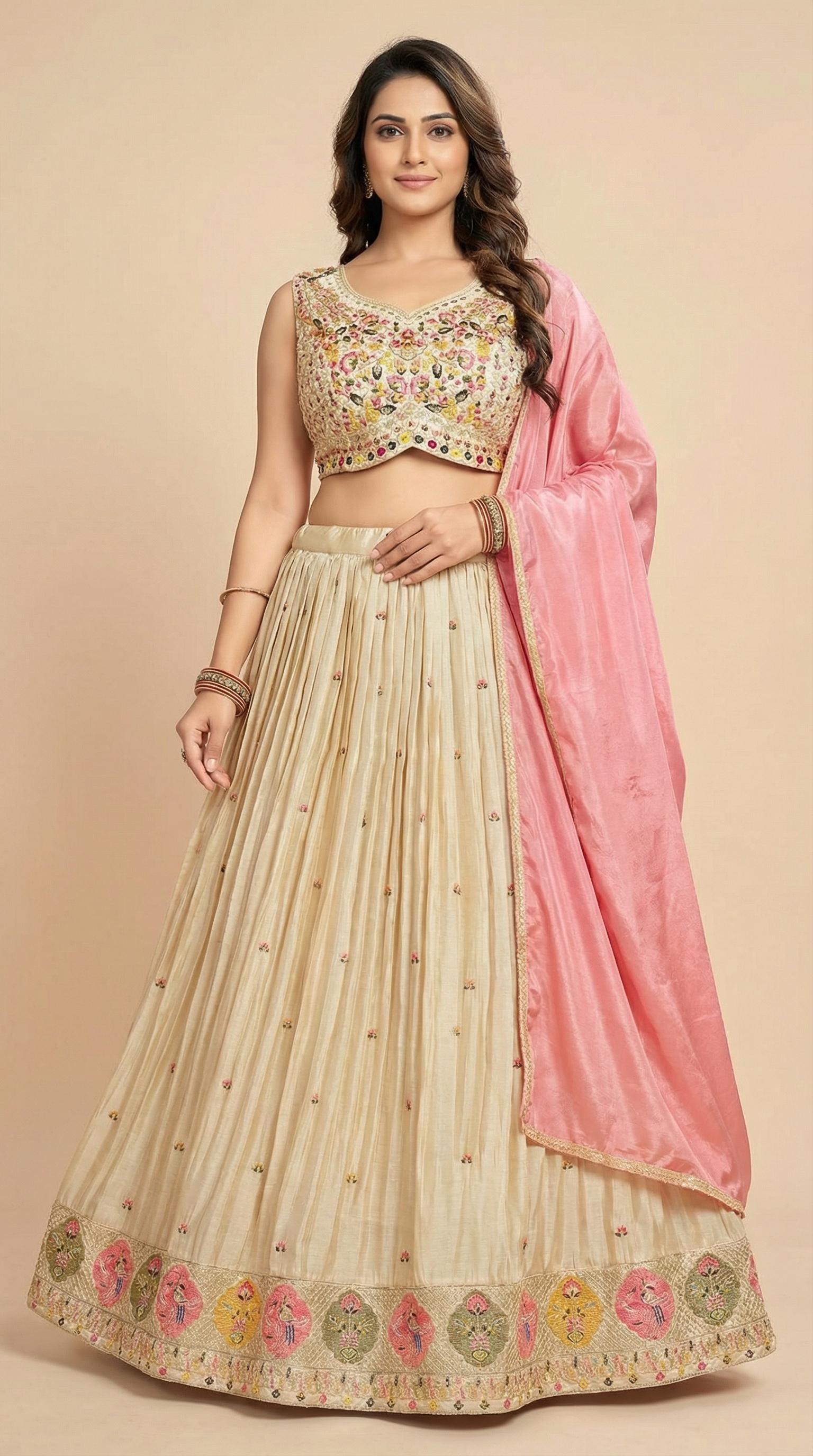 Cream Floral Embroidered Silk Lehenga Choli Set
