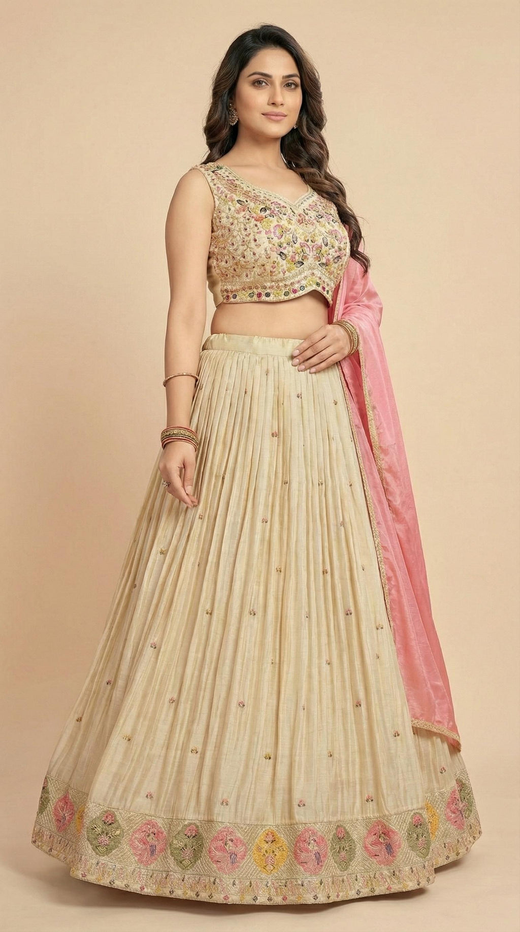 Cream Floral Embroidered Silk Lehenga Choli Set