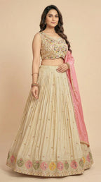 Cream Floral Embroidered Silk Lehenga Choli Set
