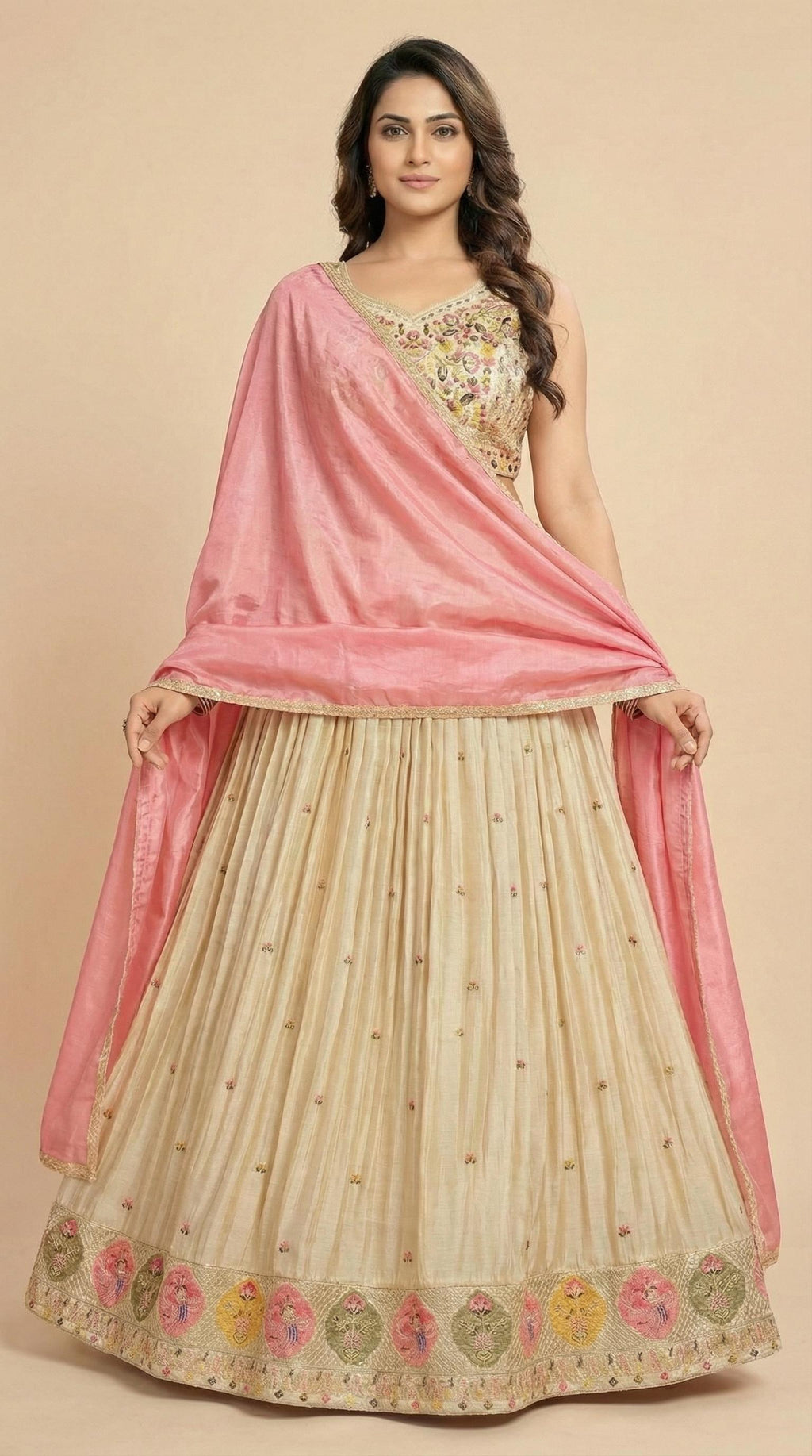 Cream Floral Embroidered Silk Lehenga Choli Set