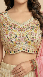 Cream Floral Embroidered Silk Lehenga Choli Set