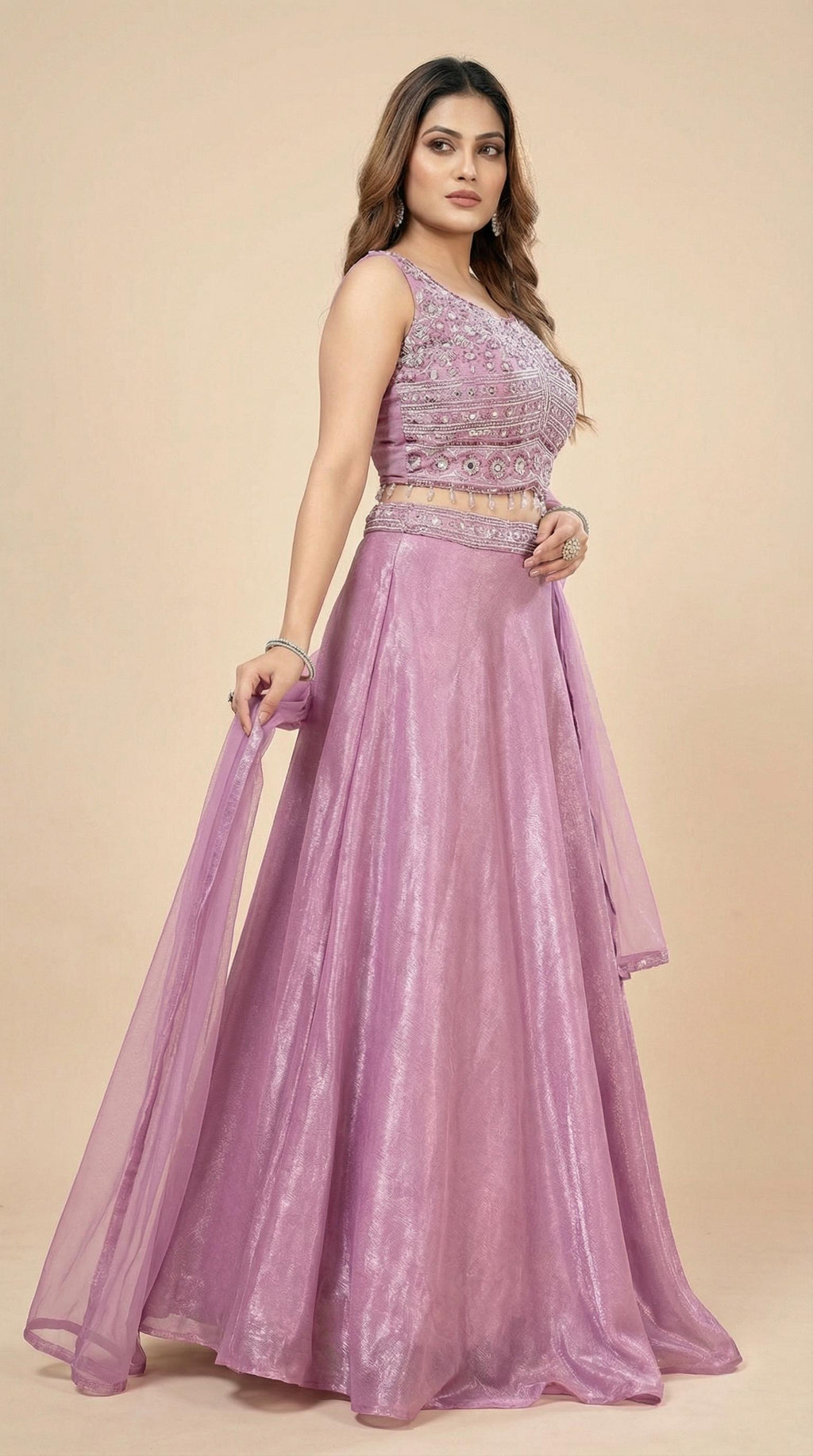 Lavender Jimmy Choo Shimmer Lehenga Crop Top Set