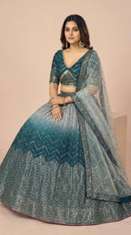 Deep Teal Ombre Shimmer Silk Sequined Lehenga Choli Set