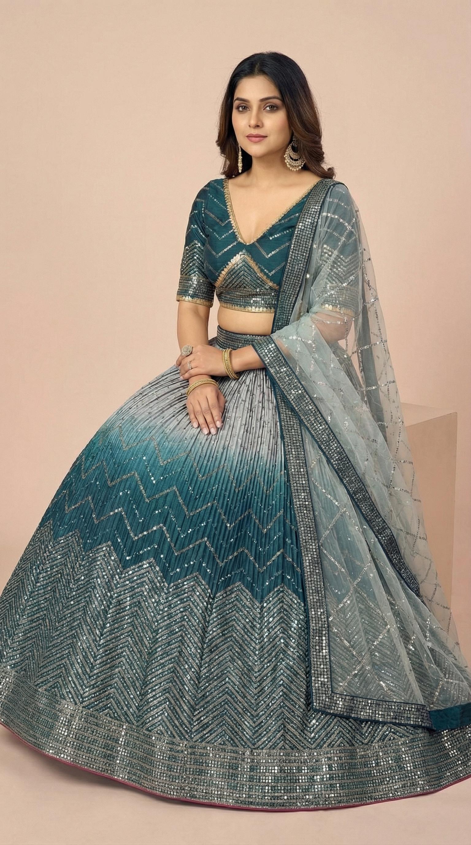 Deep Teal Ombre Shimmer Silk Sequined Lehenga Choli Set