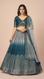 Deep Teal Ombre Shimmer Silk Sequined Lehenga Choli Set