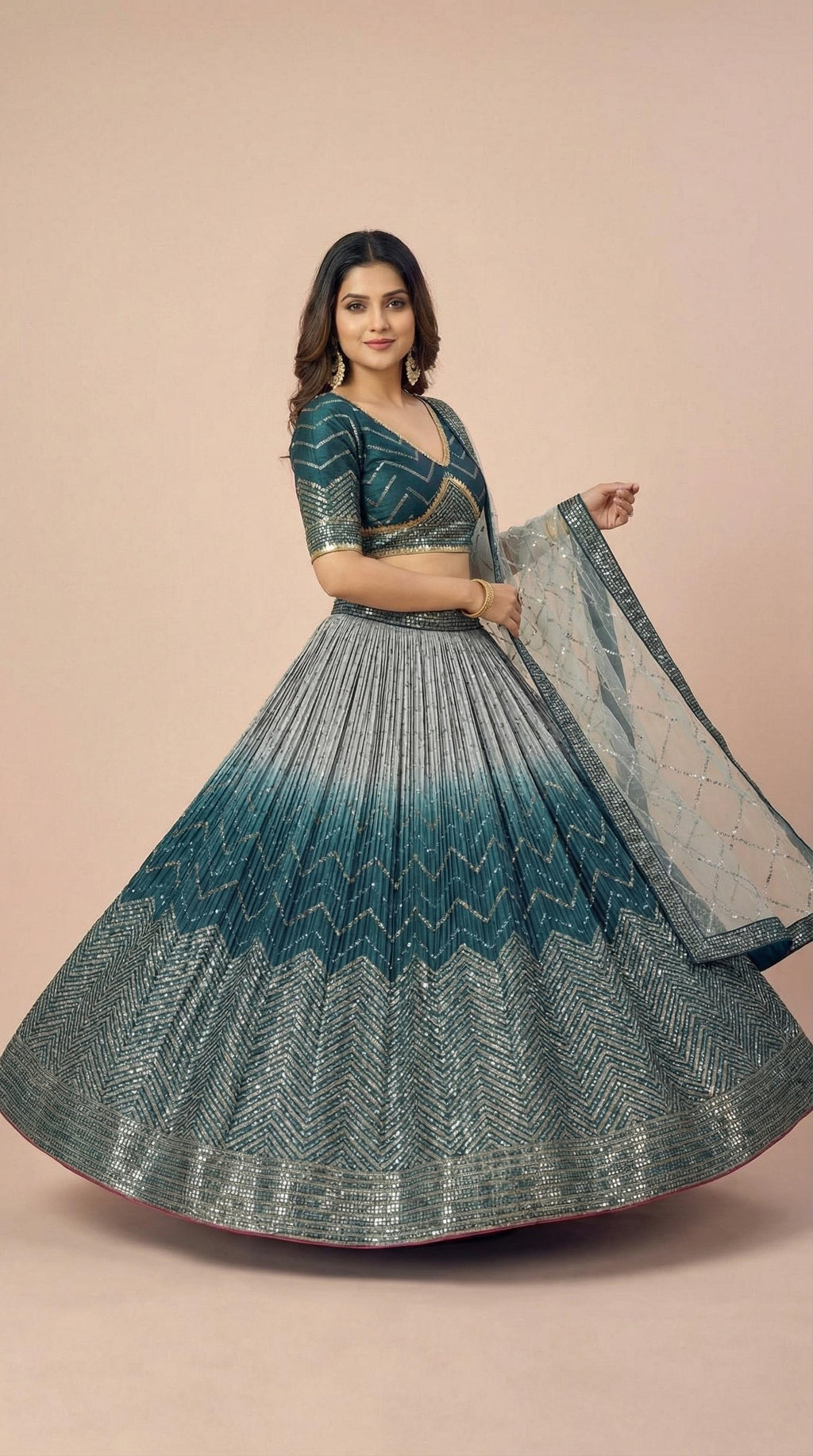 Deep Teal Ombre Shimmer Silk Sequined Lehenga Choli Set