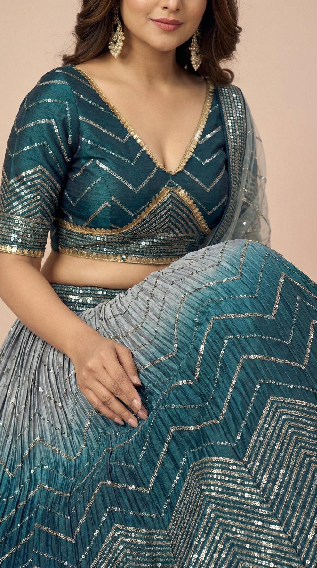 Deep Teal Ombre Shimmer Silk Sequined Lehenga Choli Set