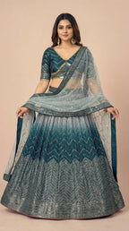 Deep Teal Ombre Shimmer Silk Sequined Lehenga Choli Set