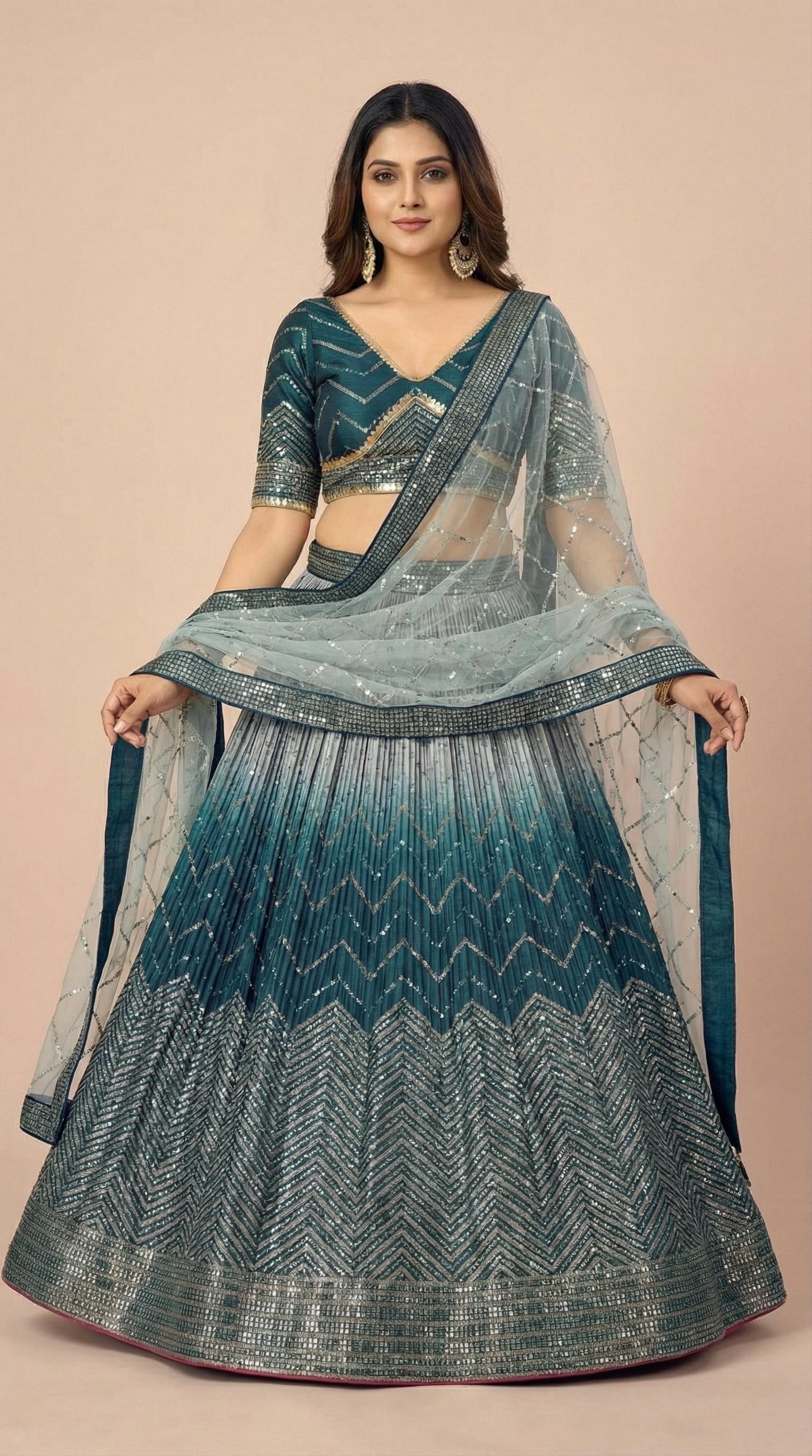 Deep Teal Ombre Shimmer Silk Sequined Lehenga Choli Set
