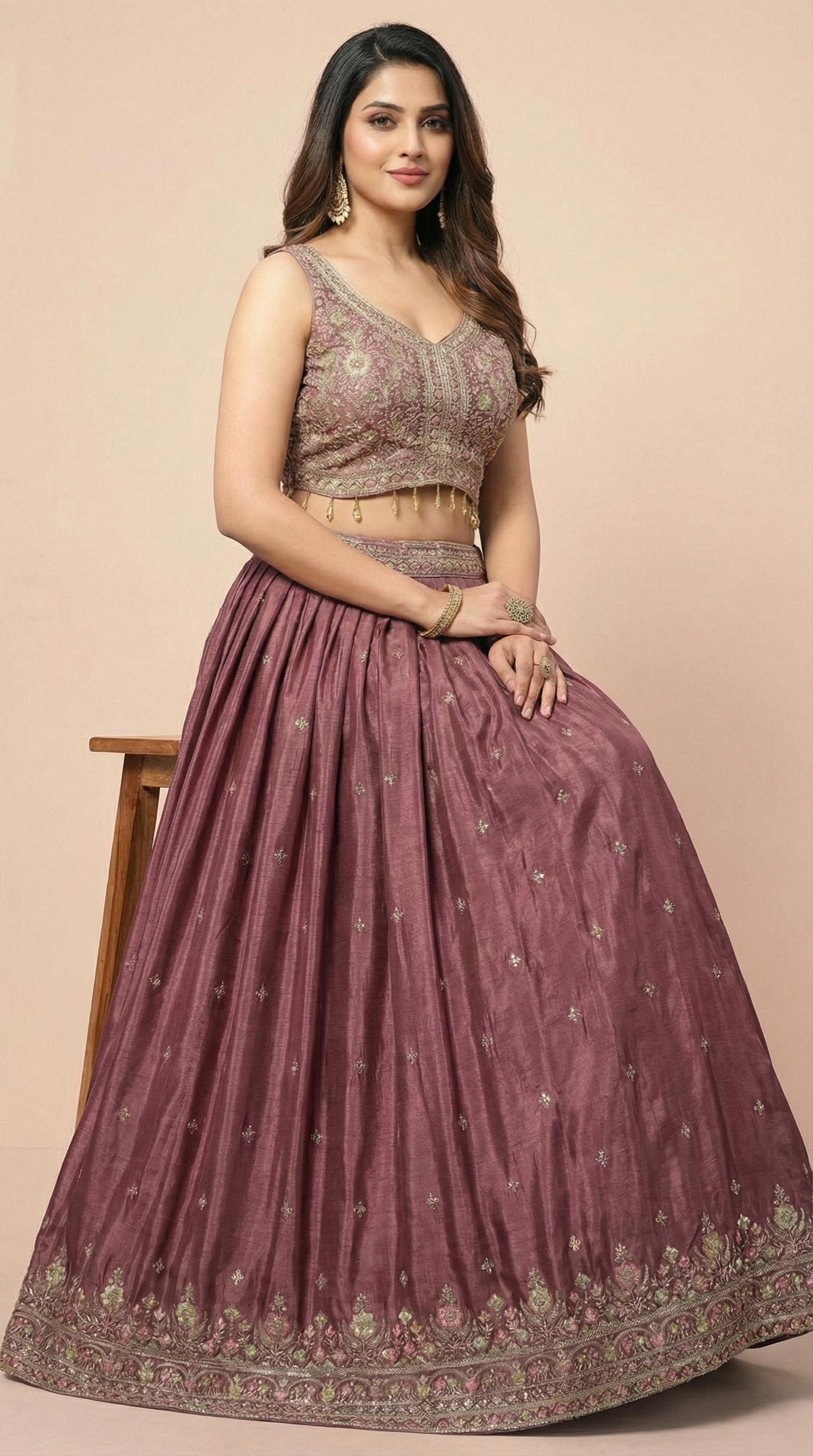 Deep Wine Floral Embroidered Lehenga Choli Set