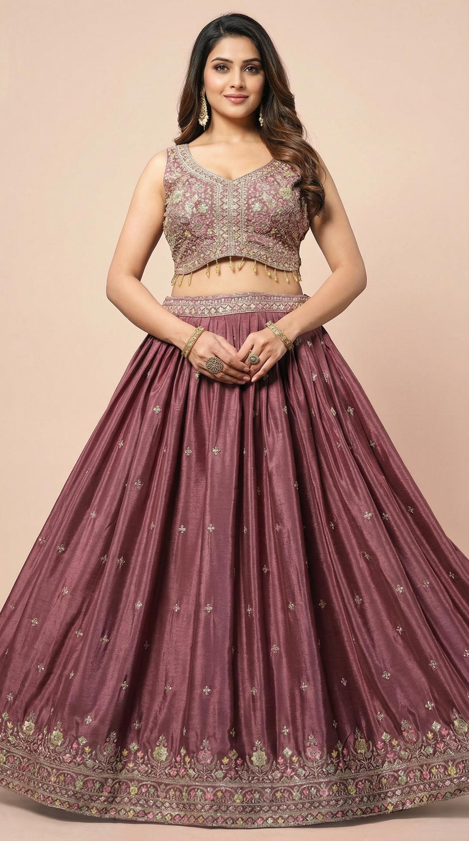 Deep Wine Floral Embroidered Lehenga Choli Set