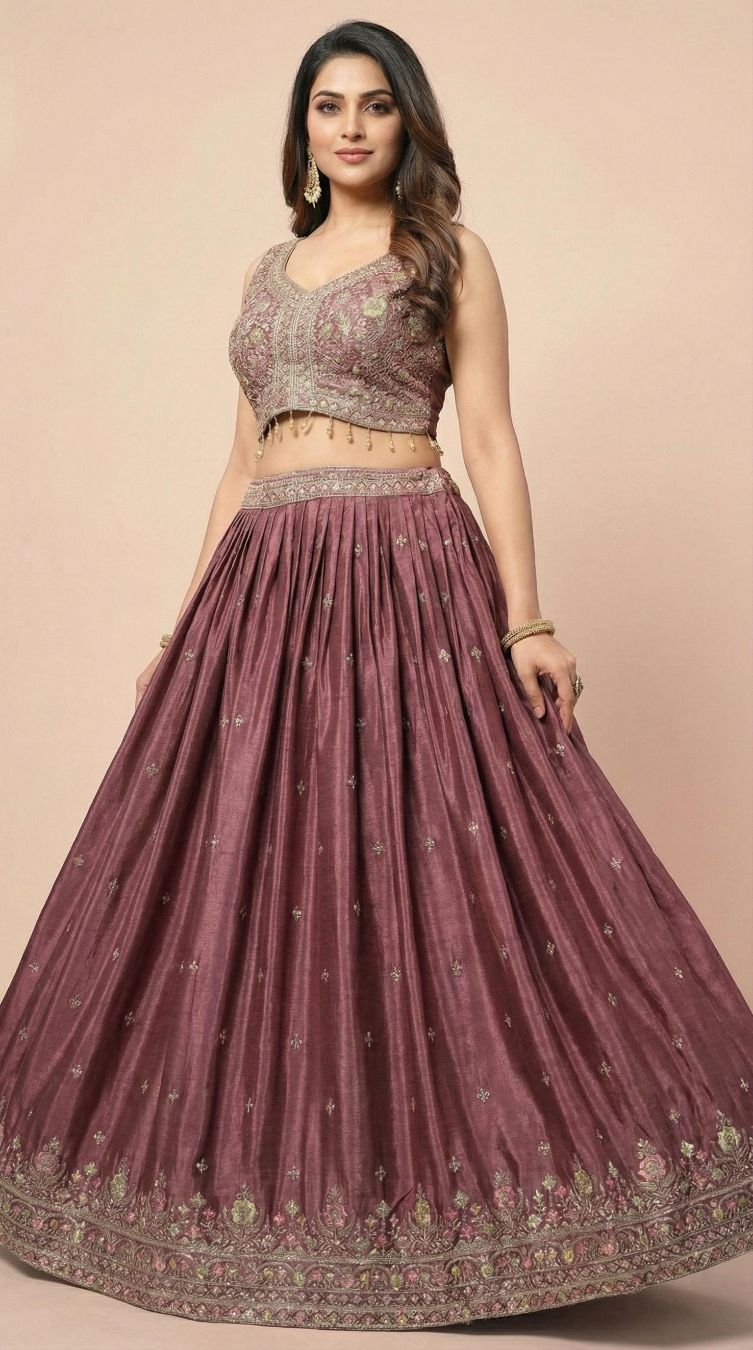 Deep Wine Floral Embroidered Lehenga Choli Set