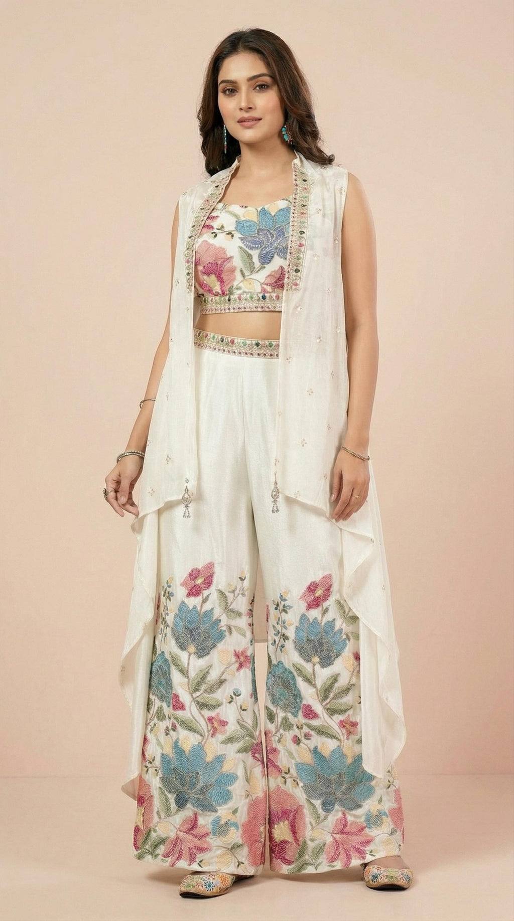 Ivory Floral Embroidered Palazzo Set with Sleeveless Shrug