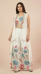 Ivory Floral Embroidered Palazzo Set with Sleeveless Shrug