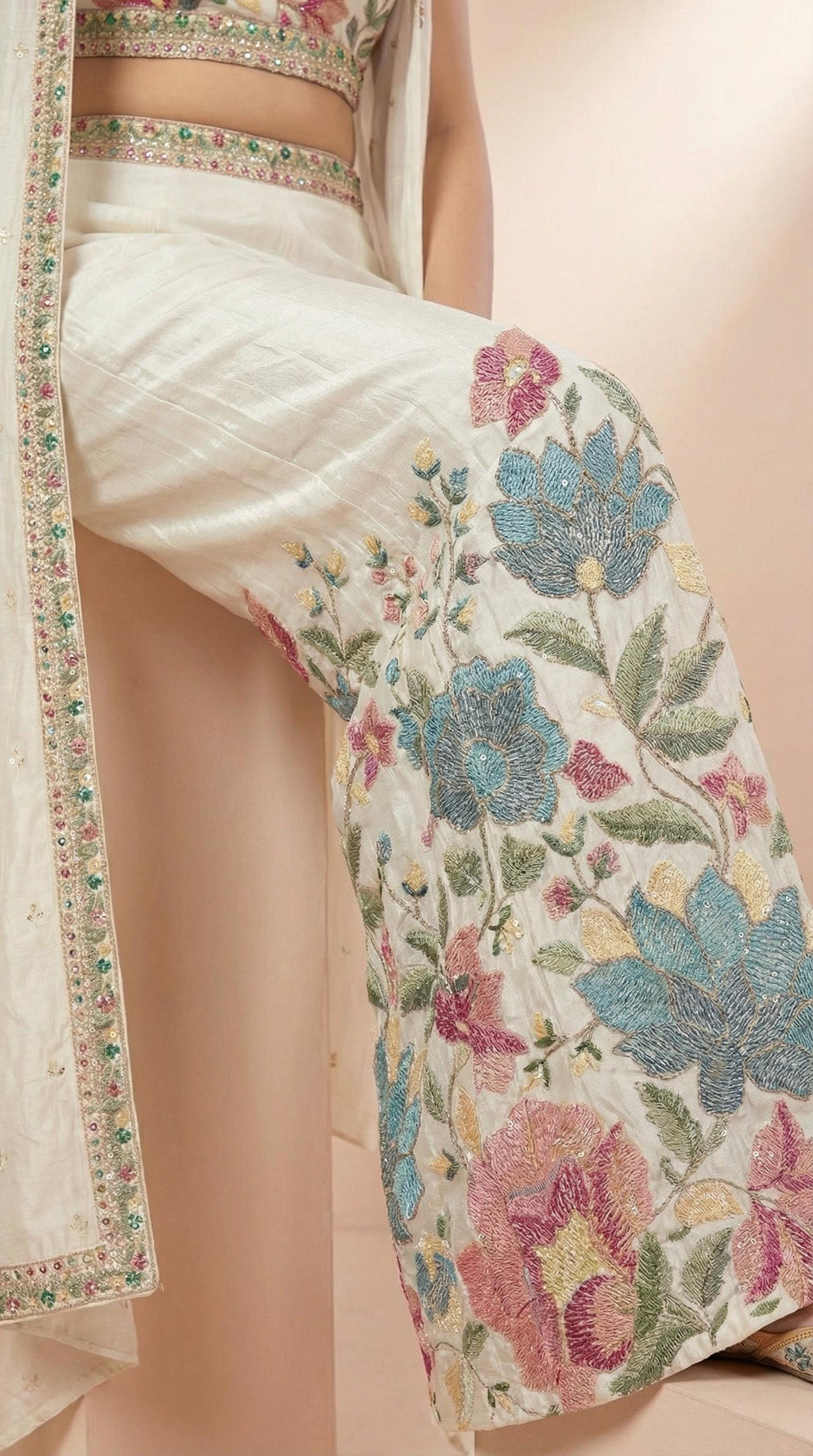Ivory Floral Embroidered Palazzo Set with Sleeveless Shrug