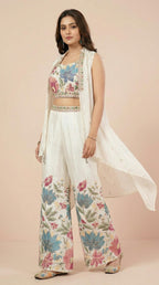Ivory Floral Embroidered Palazzo Set with Sleeveless Shrug