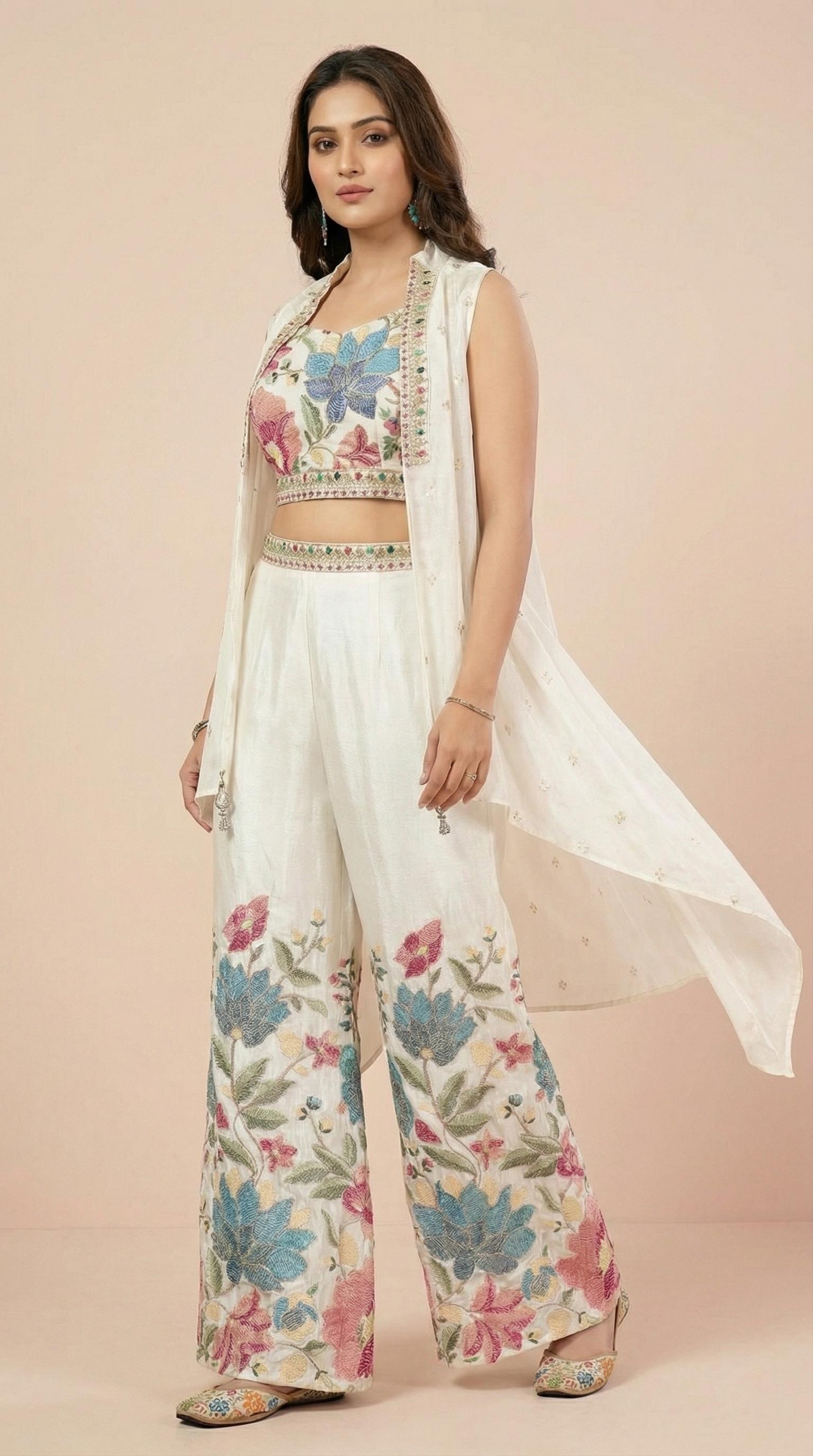 Ivory Floral Embroidered Palazzo Set with Sleeveless Shrug