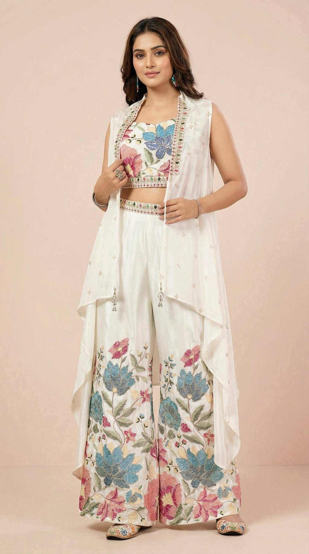 Ivory Floral Embroidered Palazzo Set with Sleeveless Shrug