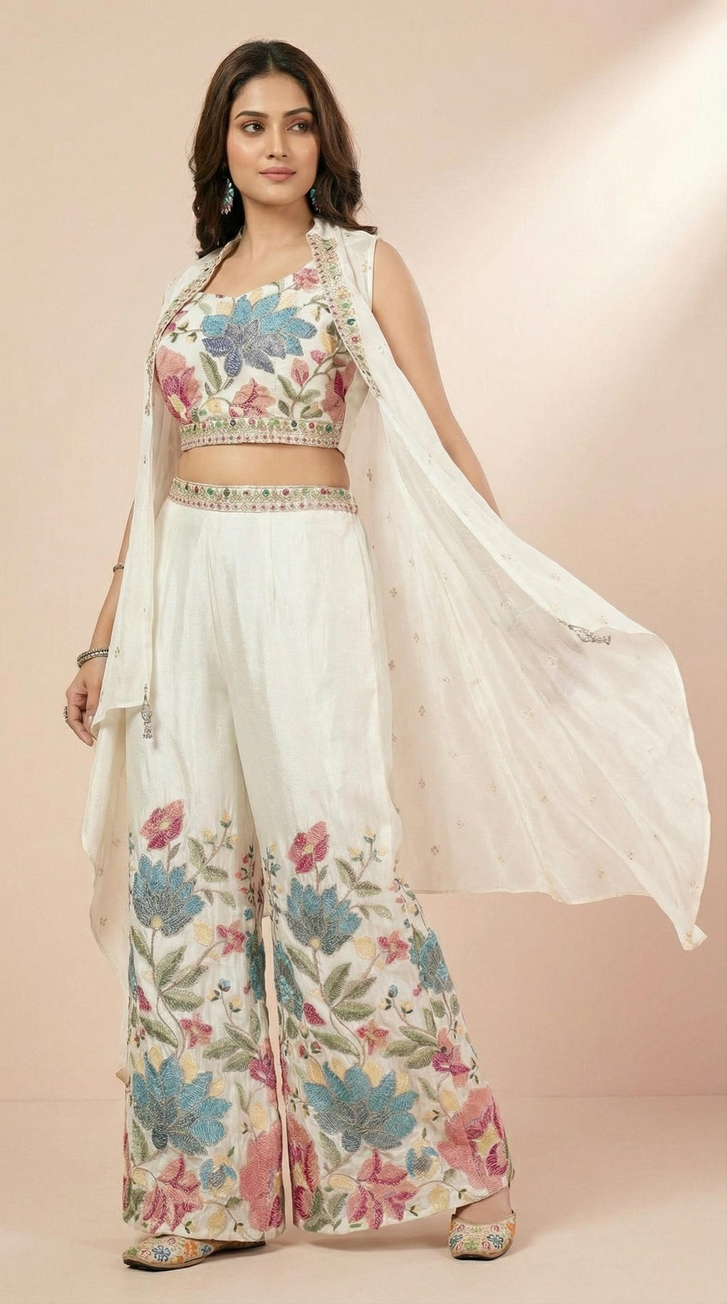Ivory Floral Embroidered Palazzo Set with Sleeveless Shrug