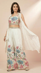 Ivory Floral Embroidered Palazzo Set with Sleeveless Shrug