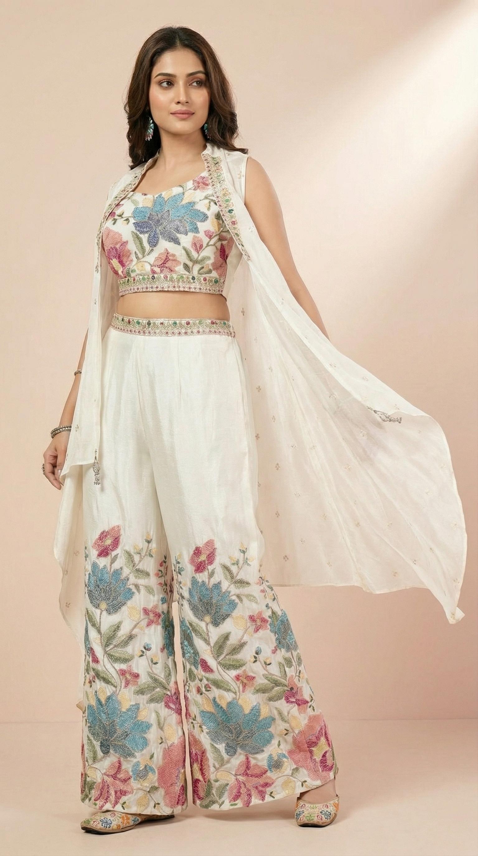 Ivory Floral Embroidered Palazzo Set with Sleeveless Shrug