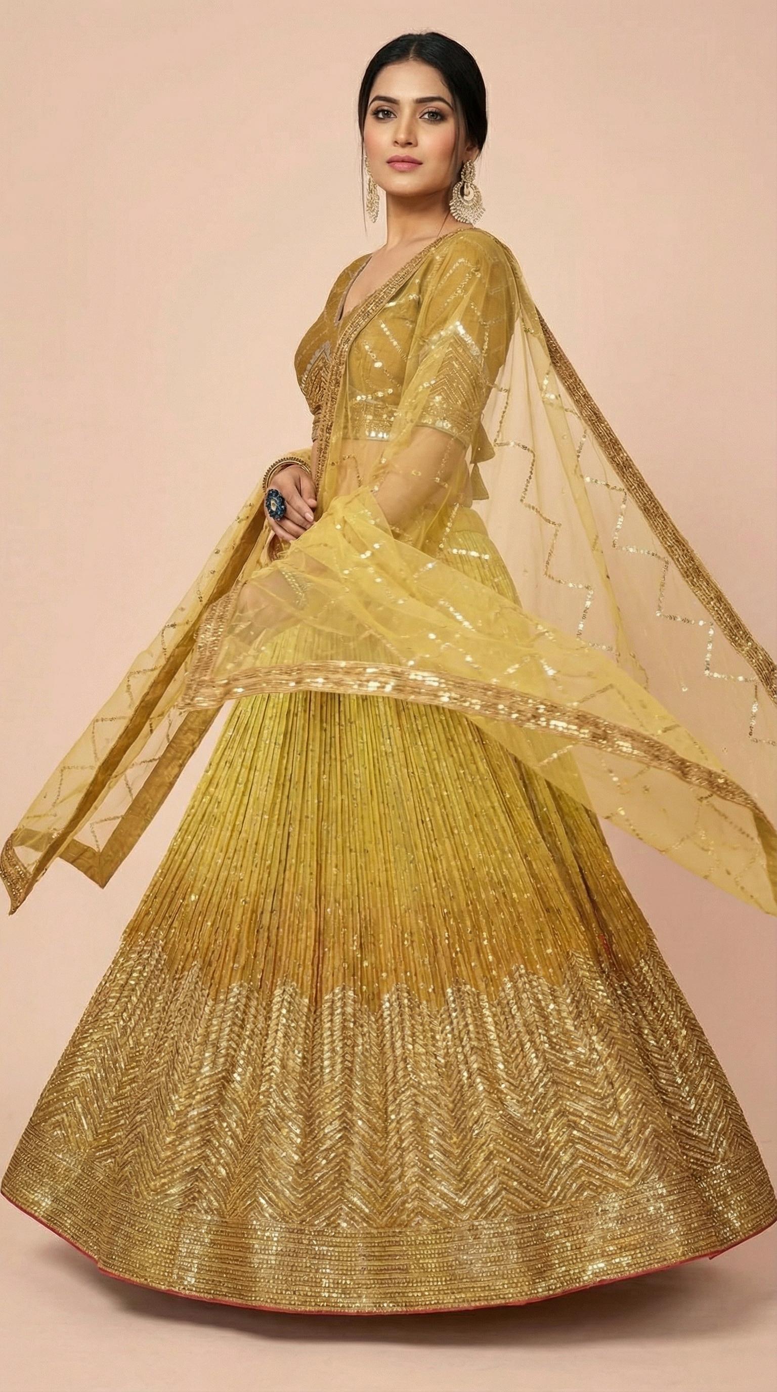 Mustard Yellow Shimmer Silk Sequined Lehenga Choli Set