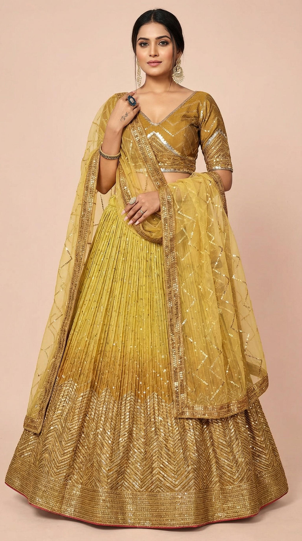 Mustard Yellow Shimmer Silk Sequined Lehenga Choli Set