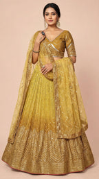 Mustard Yellow Shimmer Silk Sequined Lehenga Choli Set