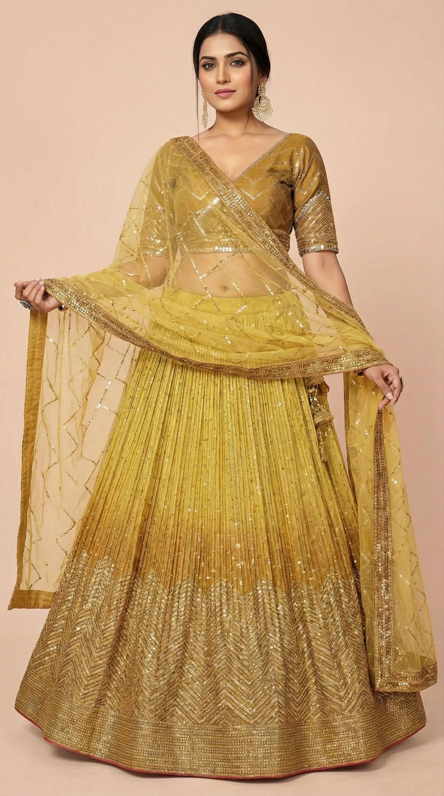 Mustard Yellow Shimmer Silk Sequined Lehenga Choli Set