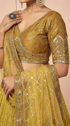 Mustard Yellow Shimmer Silk Sequined Lehenga Choli Set