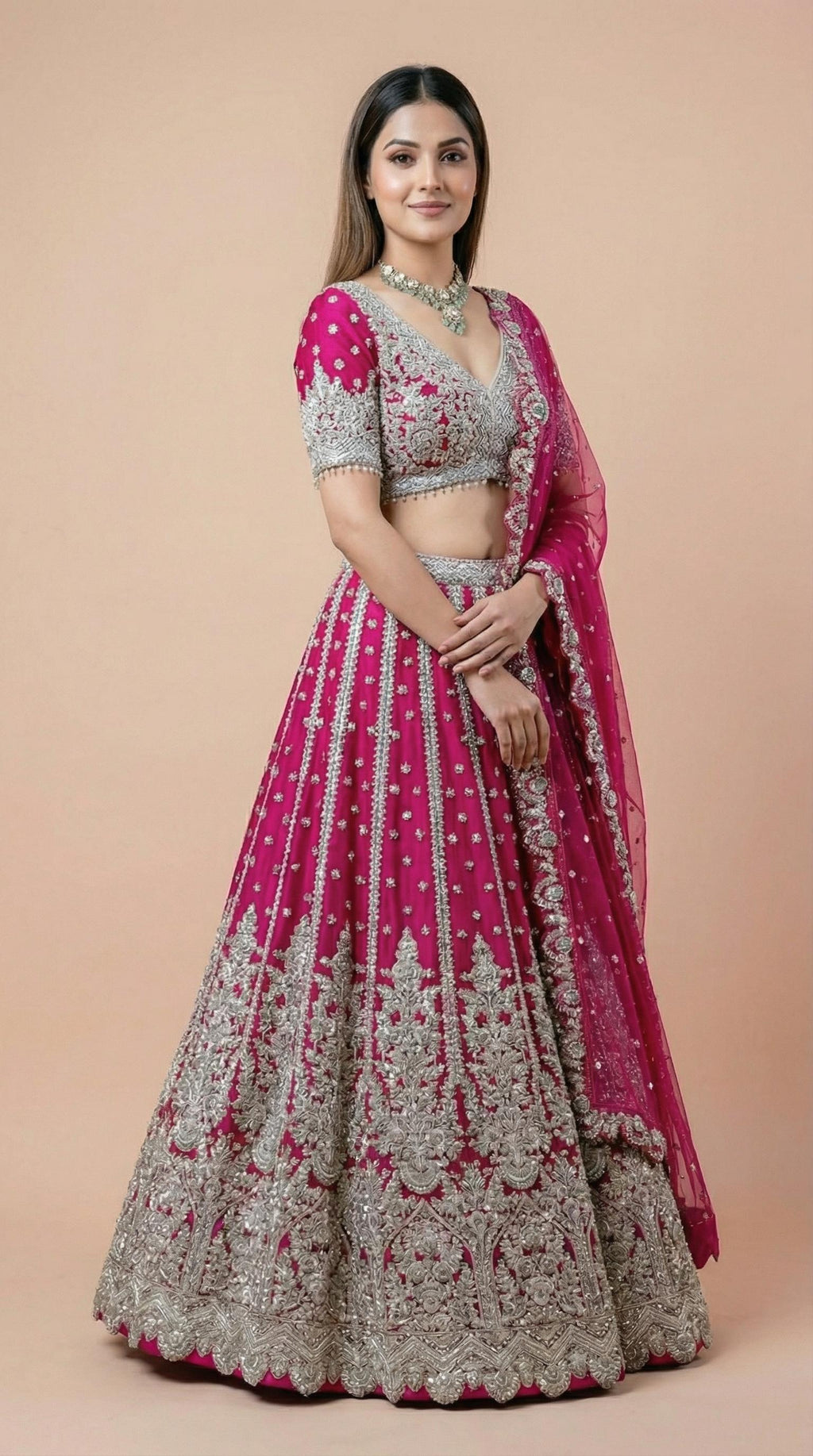 Hot Pink Embroidered Net Bridal Lehenga Choli Set