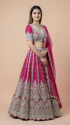 Hot Pink Embroidered Net Bridal Lehenga Choli Set