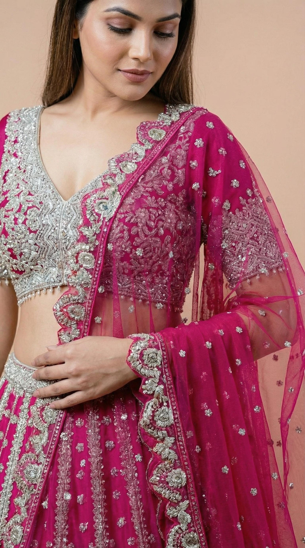 Hot Pink Embroidered Net Bridal Lehenga Choli Set