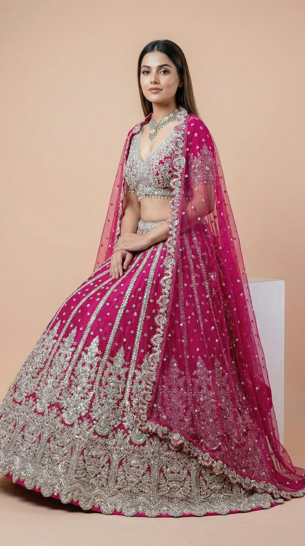 Hot Pink Embroidered Net Bridal Lehenga Choli Set