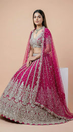 Hot Pink Embroidered Net Bridal Lehenga Choli Set