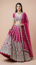 Hot Pink Embroidered Net Bridal Lehenga Choli Set