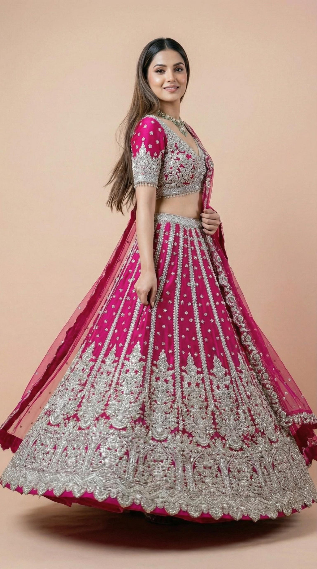 Hot Pink Embroidered Net Bridal Lehenga Choli Set