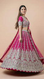 Hot Pink Embroidered Net Bridal Lehenga Choli Set