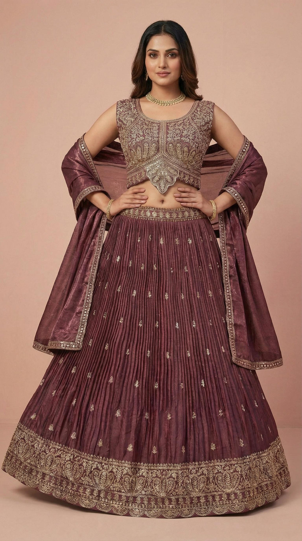 Deep Wine Shimmer Silk Embroidered Lehenga Choli Set