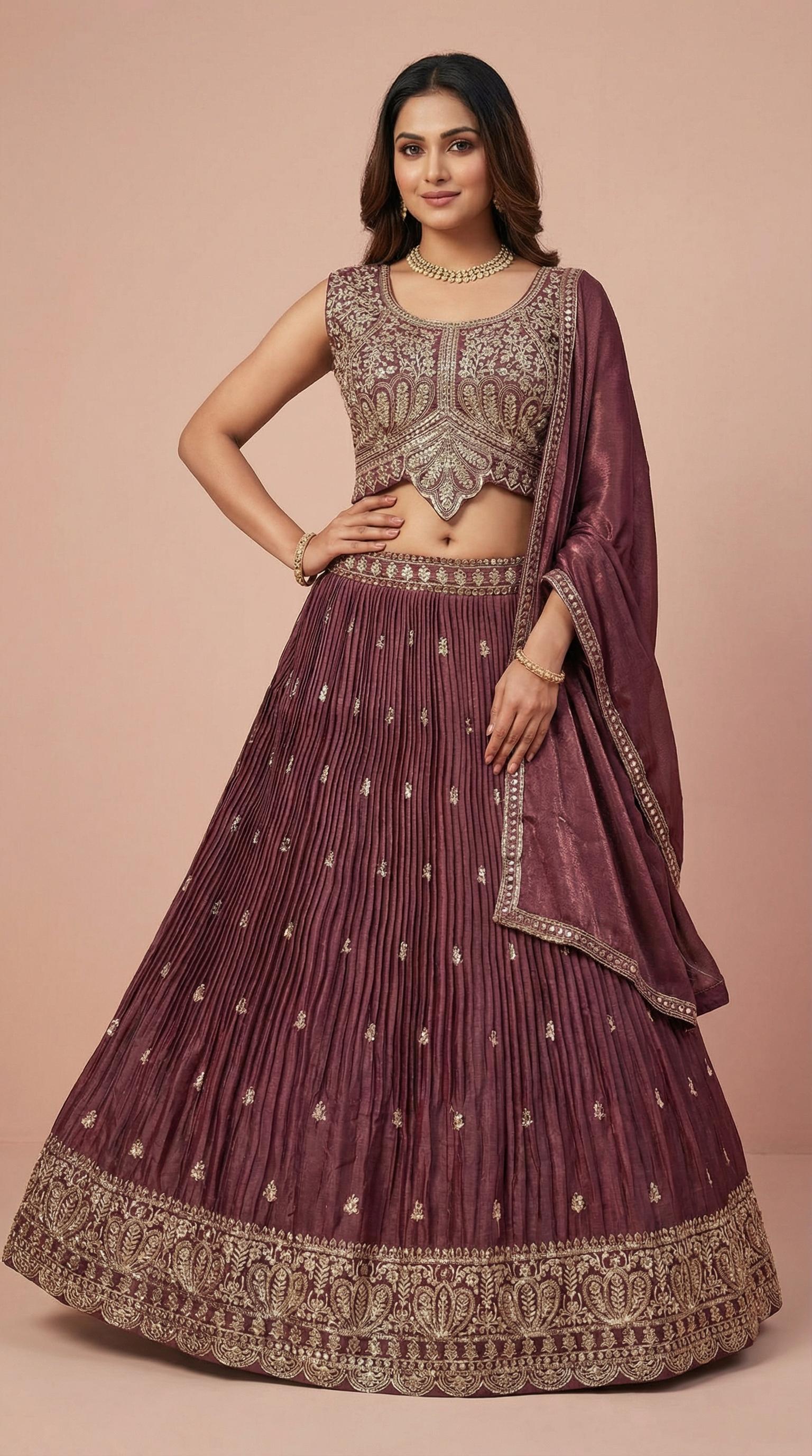 Deep Wine Shimmer Silk Embroidered Lehenga Choli Set