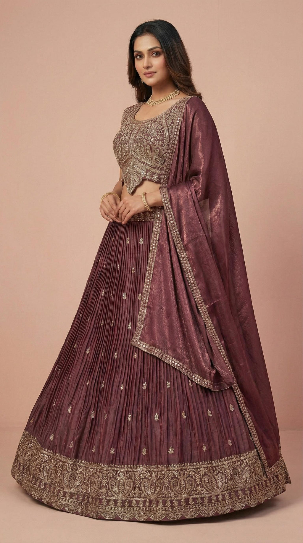 Deep Wine Shimmer Silk Embroidered Lehenga Choli Set