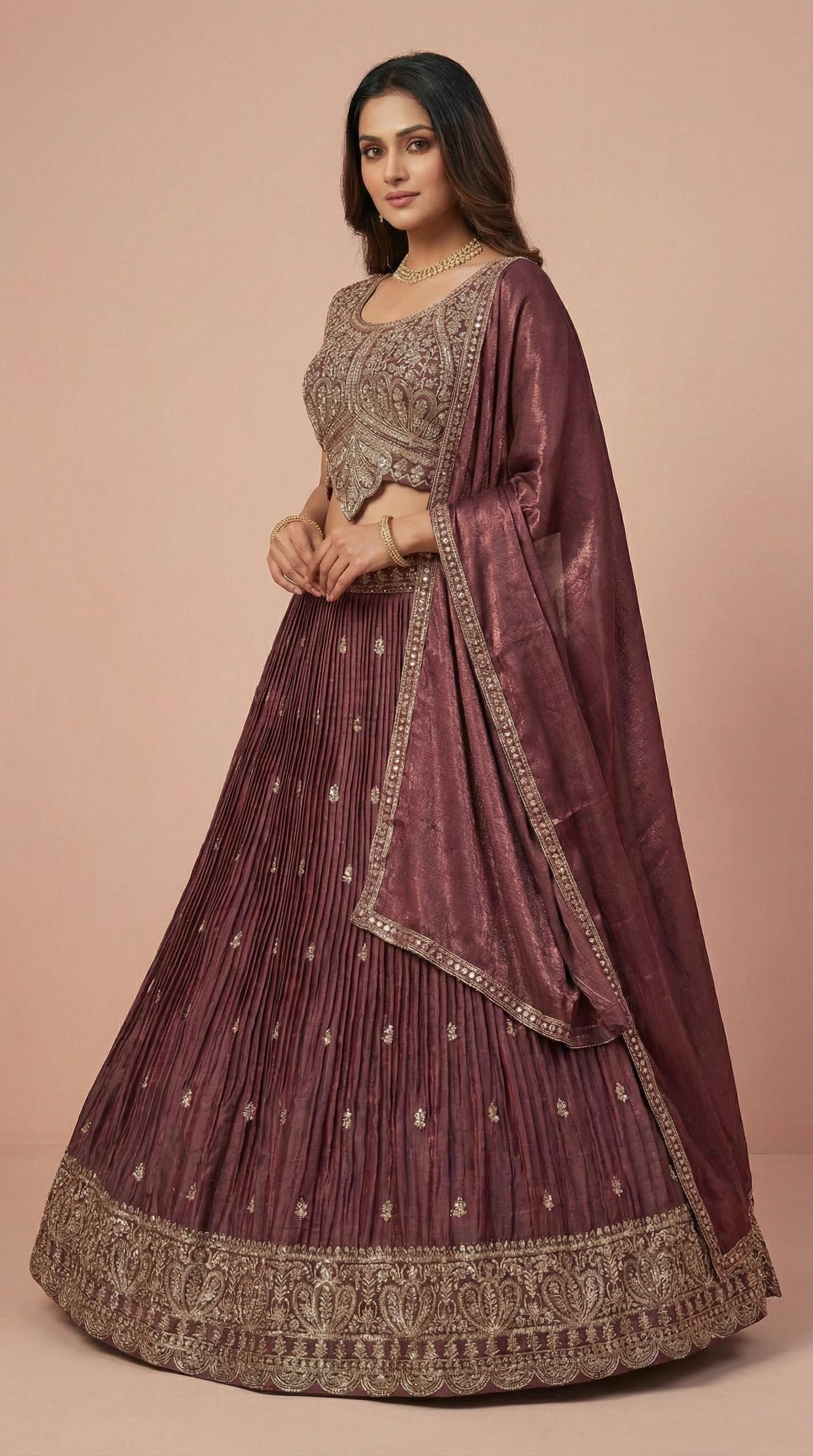 Deep Wine Shimmer Silk Embroidered Lehenga Choli Set