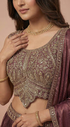 Deep Wine Shimmer Silk Embroidered Lehenga Choli Set