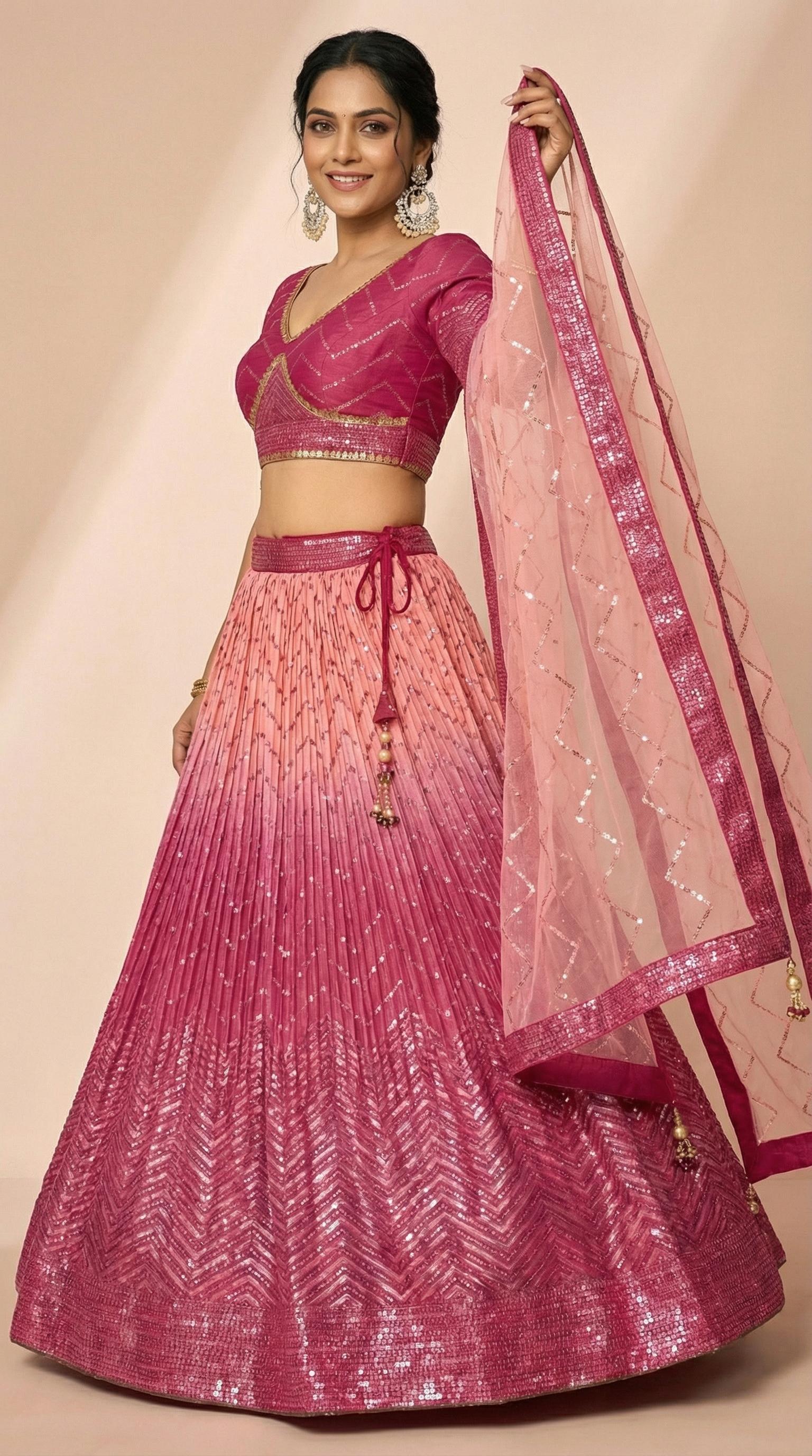 Radiant Magenta & Blush Rose Shimmer Silk Sequined Lehenga Choli Set